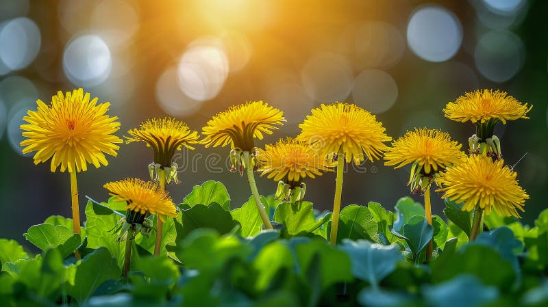 Stängning av gula dandelioner i solljus med mjuk bokeh royaltyfri illustrationer