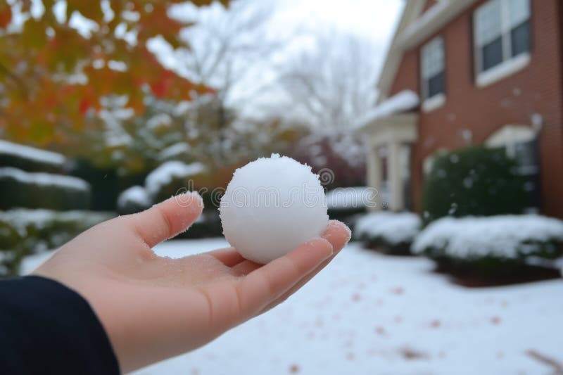 Stängning av hand som håller snöboll i snöslandskap. vektor illustrationer