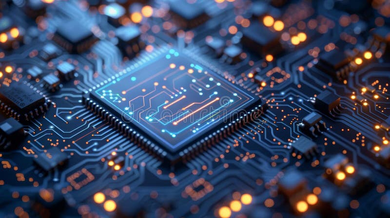 Stängning av högupplösta mikrochip gör flytande holografiska schematik futuristisk teknisk atmosfär royaltyfri illustrationer