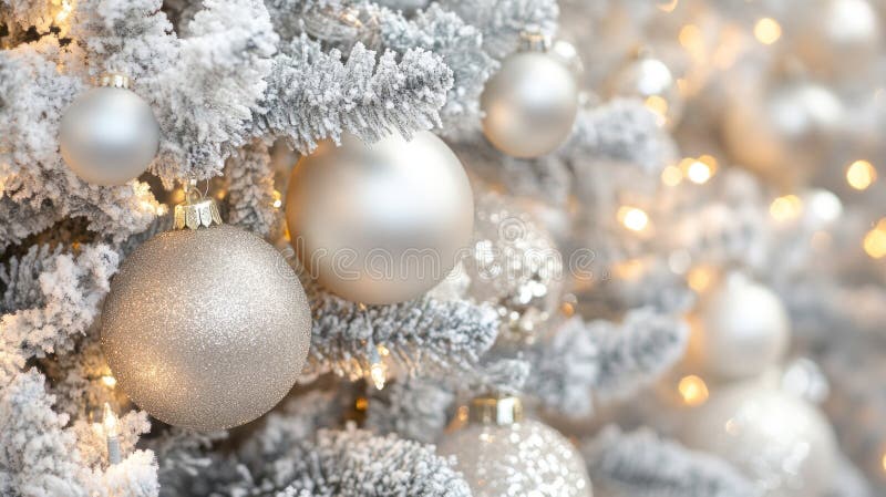 Stängning av mousserande Silver och guldjulprydnader på ett snöträd vektor illustrationer