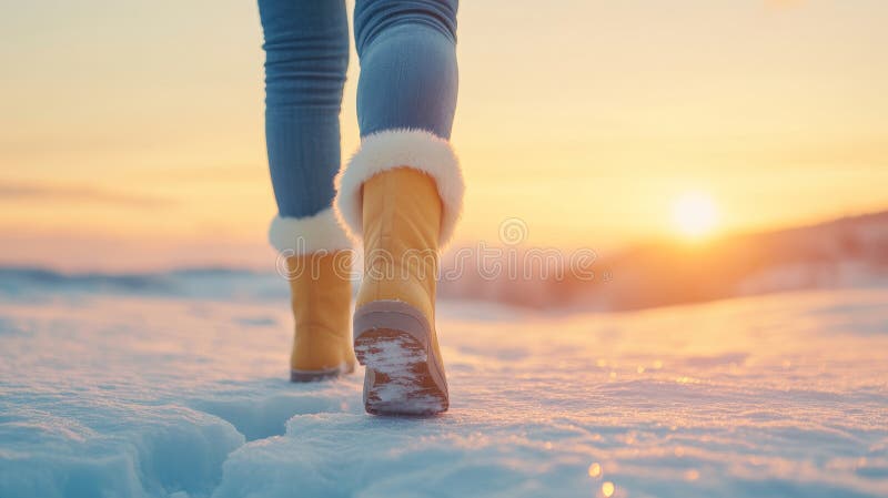 Stängning av pälsstövlar i vinterlandskap under solljus med kopieringsutrymme royaltyfri illustrationer