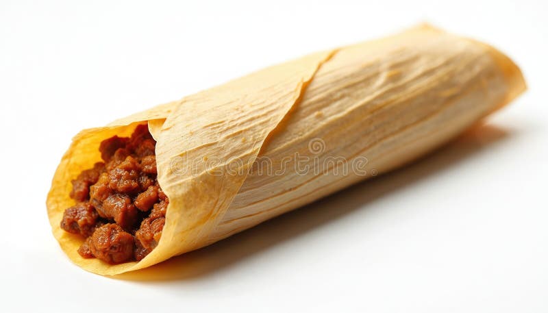 Stängning av tamale med steamed med köttpåfyllning. Traditionell mexikansk kokain förpackad i majskal på vit bakgrund. Mjuk vektor illustrationer