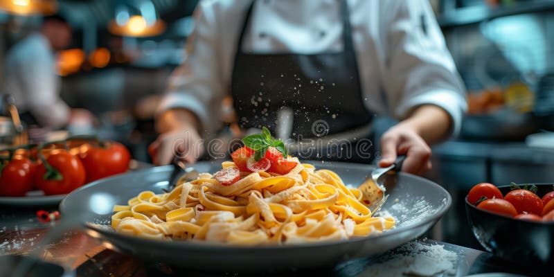 Stängning av tillagningen av hemlagad pasta. kock färsk italiensk traditionell pasta royaltyfri illustrationer