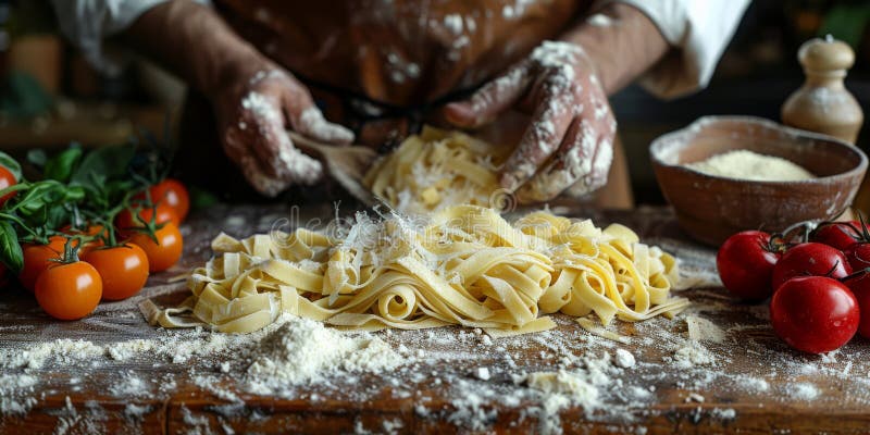 Stängning av tillagningen av hemlagad pasta. kock färsk italiensk traditionell pasta royaltyfri illustrationer