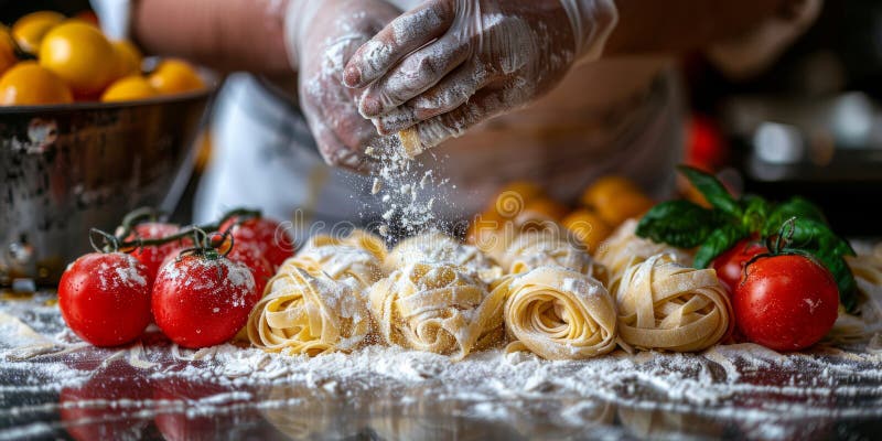 Stängning av tillagningen av hemlagad pasta. kock färsk italiensk traditionell pasta royaltyfri illustrationer
