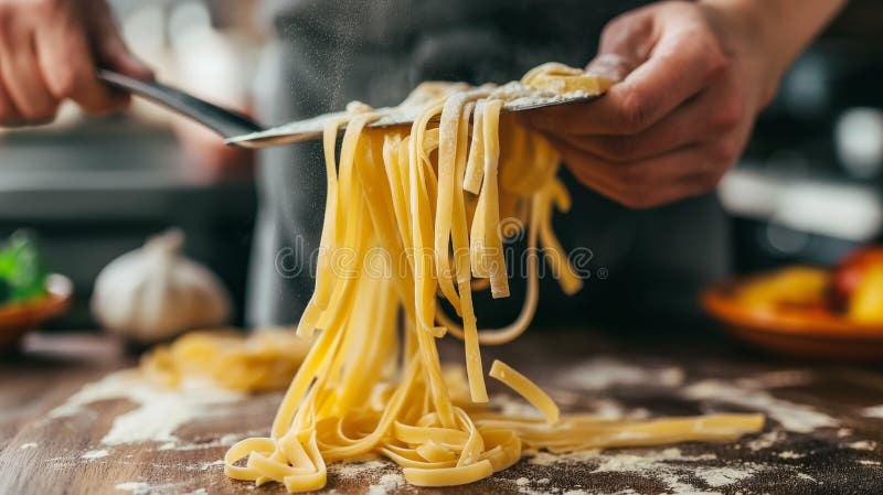 Stängning av tillagningsprocessen för framställning av hemmade pastachef gör färsk traditionell italiensk pasta med mjöl och ägg p royaltyfri illustrationer