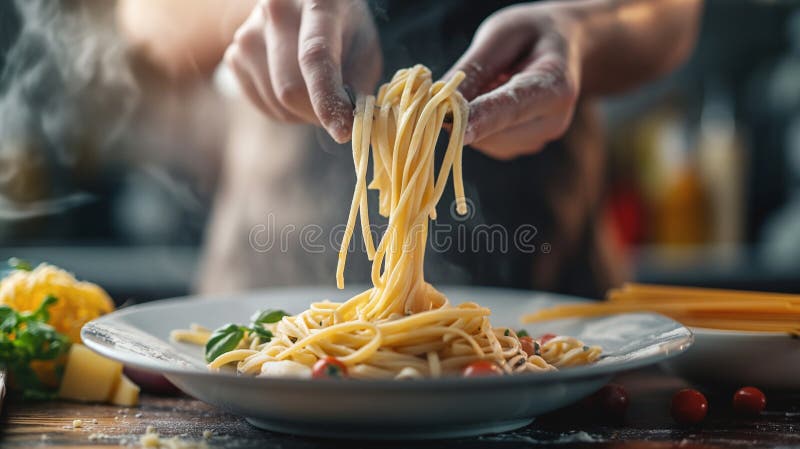 Stängning av tillagningsprocessen för framställning av hemmade pastachef gör färsk traditionell italiensk pasta med mjöl och ägg p vektor illustrationer