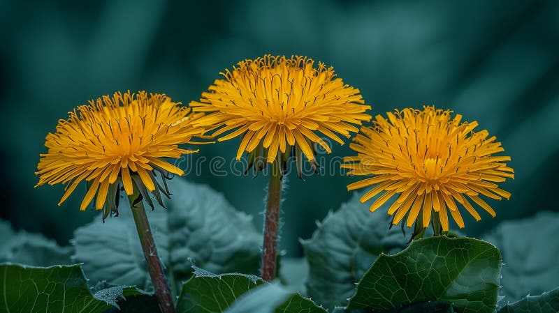 Stängning av tre ljusgula dandelioner i full blomning vektor illustrationer