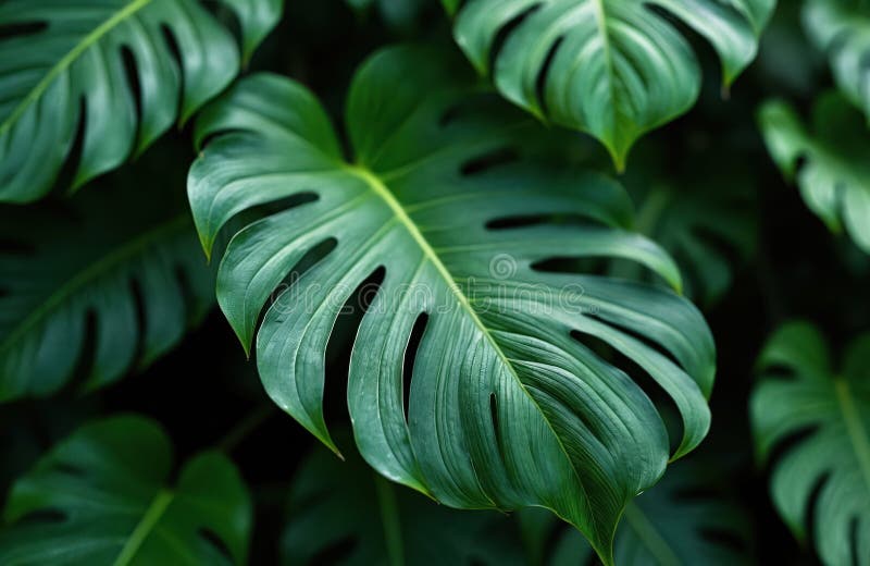 Stängning av tropiska monstera deliciosa-blad. Naturlig bakgrund för grön bladstruktur. Planera detaljerad modern ekodesign. Natur royaltyfri fotografi