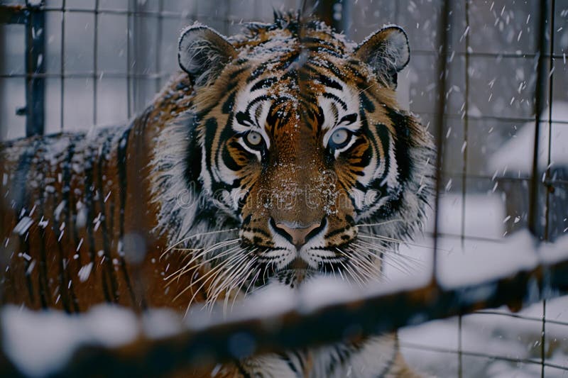 Stängning nära tiger i en vinterscen med bucksnowi stock illustrationer