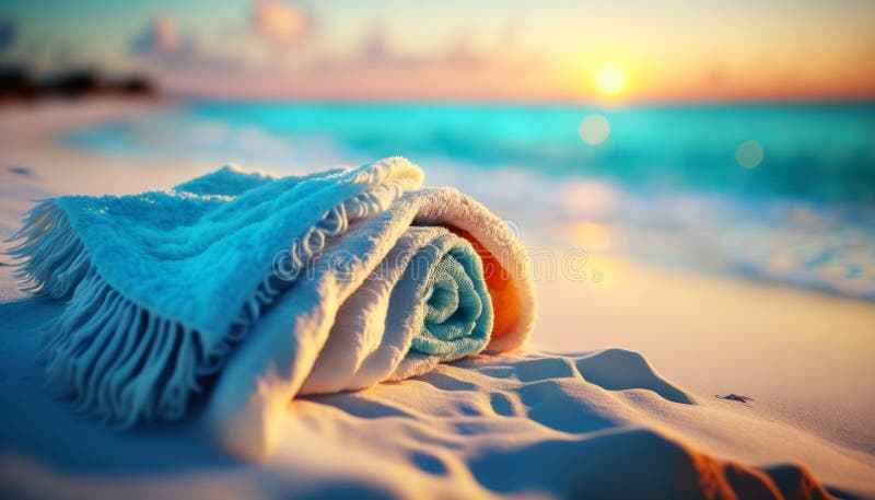Stängningsvy av en nyvalsad handduk på vit sand på stranden perfekt holliday. generativ ai