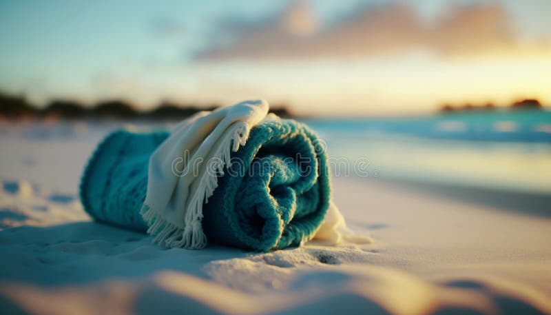 Stängningsvy av en nyvalsad handduk på vit sand på stranden perfekt holliday. generativ ai