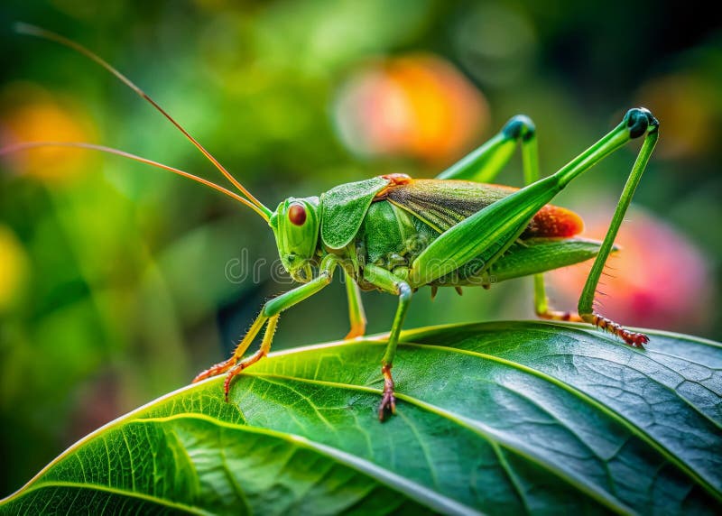 Stängningsvy för en levande kolombian och en grön katydid i ett lush villa de leyva-trädgårdsexquisite macro stock illustrationer