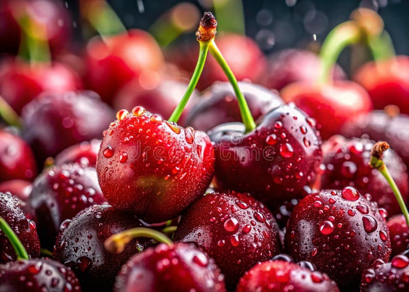 Stängningsvy för en lush Pile of Fresh Juicy Red Cherries Perfect for a Delicious Dessert eller a stock illustrationer