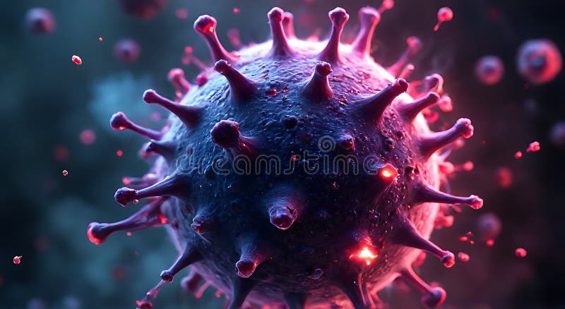 Stängningsvy för mikroskopisk virusåtergivning med detaljerad struktur färgstark belysning och intensivt texturerad yta för. Detaljerad nedläggning av ett virus med vibrerande färger och invecklade strukturer som är idealiska för vetenskaplig och medicinsk användning i illustrationer och forskningsmaterial.
