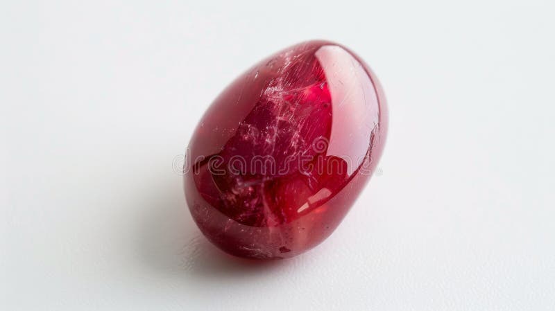 Stängskott av en enda polerad ruby-gemstone på en vit bakgrund för smycken- och gemologikoncept fotografering för bildbyråer