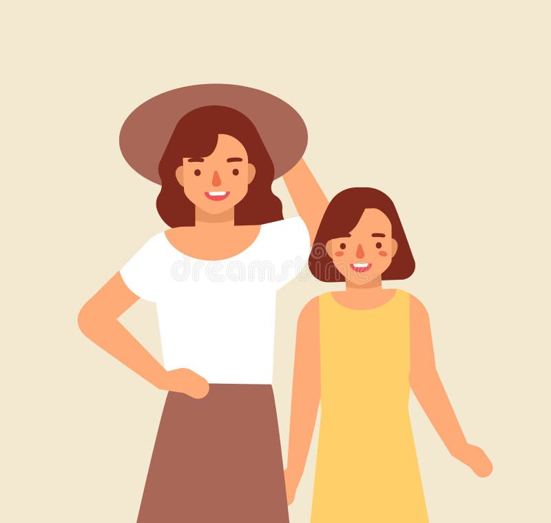 Stående av att le modern i hatt och hennes dotter Glad förtjusande mamma och barn lycklig familj Gullig rolig tecknad film stock illustrationer Stående av att le modern i hatt och hennes dotter Glad förtjusande mamma och barn lycklig familj Gullig rolig tecknad film stock illustrationer