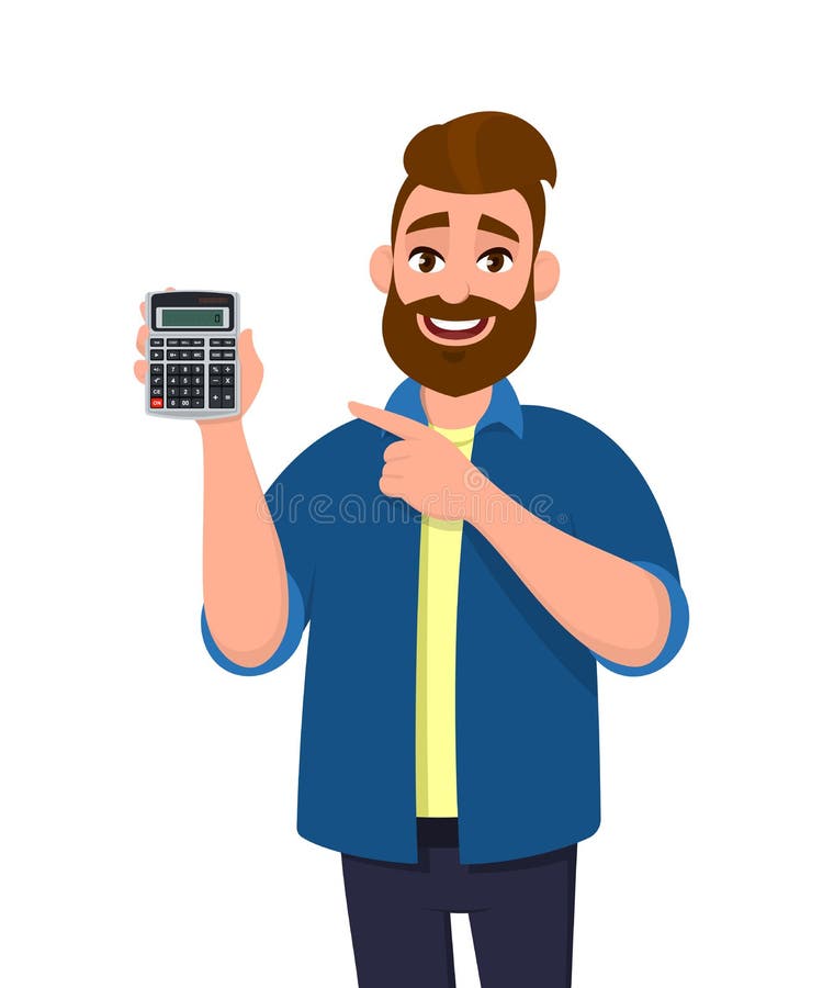 Stående av den unga tillfälliga påklädden, den skäggiga manvisningen eller att rymma en digital räknemaskinapparat i hand och att stock illustrationer Stående av den unga tillfälliga påklädden, den skäggiga manvisningen eller att rymma en digital räknemaskinapparat i hand och att stock illustrationer
