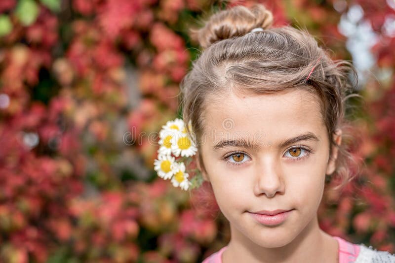 Stående av en le liten flicka med bakgrund för höstsidor royaltyfri bild Stående av en le liten flicka med bakgrund för höstsidor royaltyfri bild