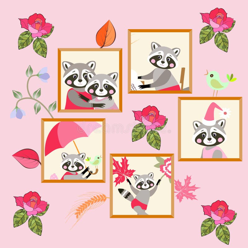 Stående av tvättbjörnfamiljen på den rosa väggen greeting lyckligt nytt år för 2007 kort Djurt tryck för barn vektor illustrationer Stående av tvättbjörnfamiljen på den rosa väggen greeting lyckligt nytt år för 2007 kort Djurt tryck för barn vektor illustrationer