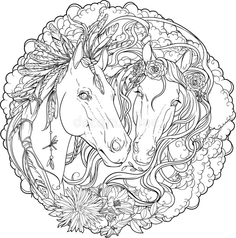 Stående av två hästar, mannen och hingsten med blommor stock illustrationer Stående av två hästar, mannen och hingsten med blommor stock illustrationer