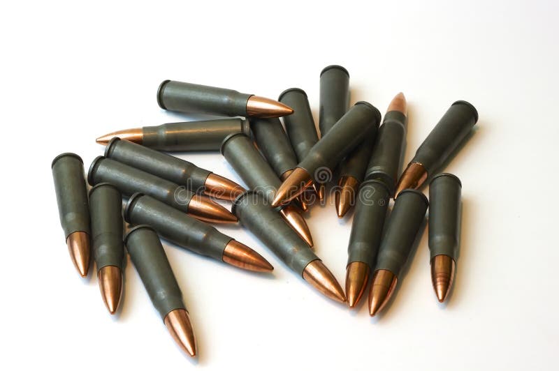 A group of 7.62x39 bullets. These are the bullets used in AK-47 and SKS rifles. A group of 7.62x39 bullets. These are the bullets used in AK-47 and SKS rifles.