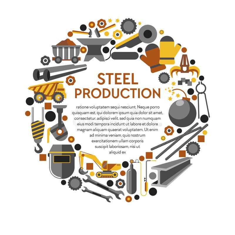 Stålproduktion eller metallurgi, metallprodukter och arbetsverktyg stock illustrationer Stålproduktion eller metallurgi, metallprodukter och arbetsverktyg stock illustrationer