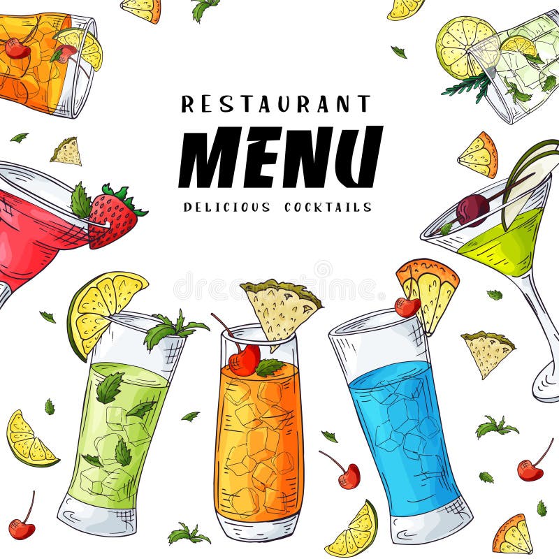 Stångmenydesign Mall för coctaildrinkar Broschyr med hand drog beståndsdelar också vektor för coreldrawillustration vektor illustrationer Stångmenydesign Mall för coctaildrinkar Broschyr med hand drog beståndsdelar också vektor för coreldrawillustration vektor illustrationer