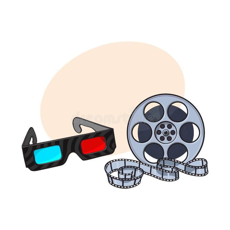 stéréoscopique Bleu-rouge, verres 3d et bobine de film de cinéma illustration libre de droits stéréoscopique Bleu-rouge, verres 3d et bobine de film de cinéma illustration libre de droits