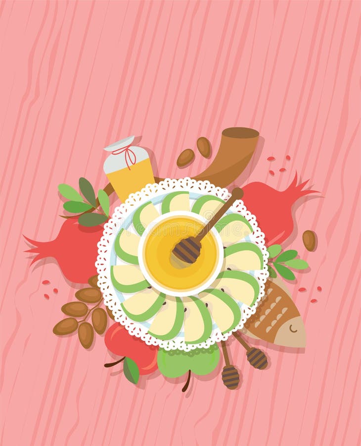 Stół z symbolami Żydowski wakacyjny Rosh Hashana, nowy rok Wektorowy ilustracyjny szablonu projekt ilustracji Stół z symbolami Żydowski wakacyjny Rosh Hashana, nowy rok Wektorowy ilustracyjny szablonu projekt ilustracji