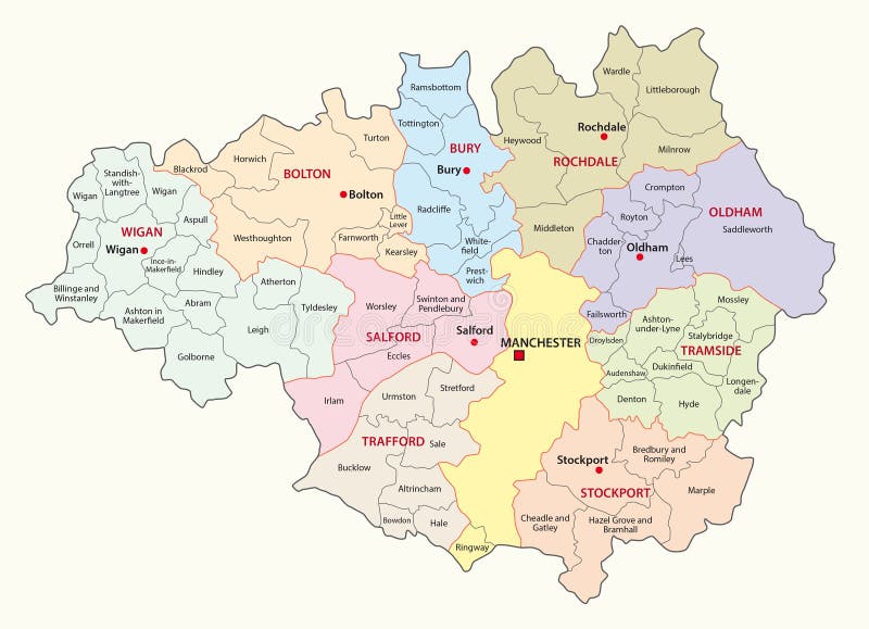 Greater manchester administrative, political and county map. Greater manchester administrative, political and county map