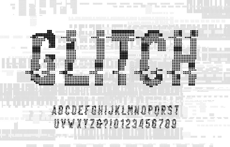 Störschubalphabetguß. Digitale Verzerrung Pixelbuchstaben und -zahlen. stock abbildung