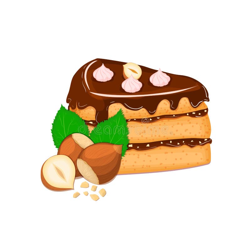 Stück des Kuchens mit Nüssen Vector geschnittene sahnige Haselnussschicht des Teilschwammes, verzierte Schokoladencreme und zerqu vektor abbildung Stück des Kuchens mit Nüssen Vector geschnittene sahnige Haselnussschicht des Teilschwammes, verzierte Schokoladencreme und zerqu vektor abbildung