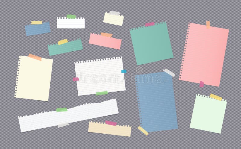 Stücke der bunten Anmerkung der unterschiedlichen Größe, Notizbuch, Schreibheftpapierblätter fest mit Klebeband auf grauem Hinter stock abbildung