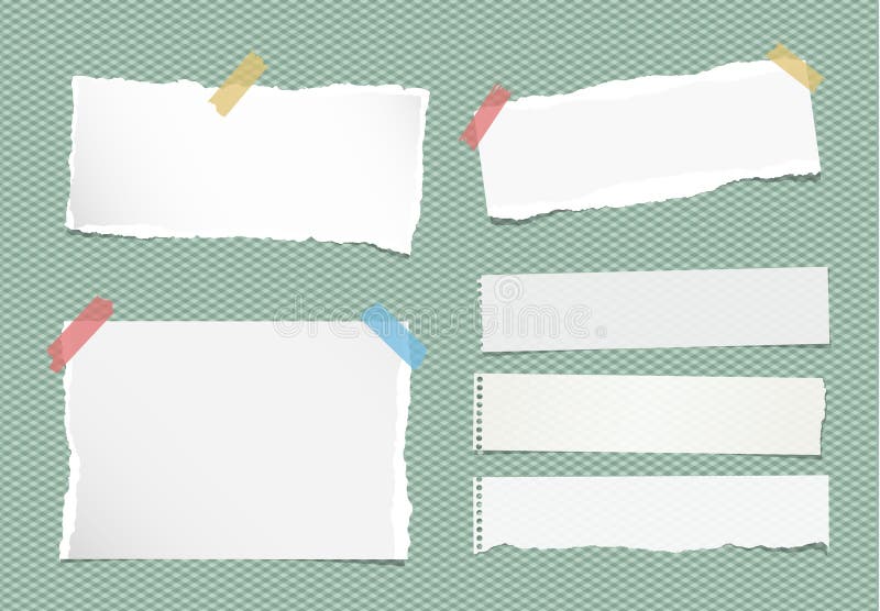 Stücke der zerrissenen weißen Anmerkung, Notizbuch, Schreibheftpapierblätter fest mit buntem Klebeband auf quadratischem grünem H vektor abbildung