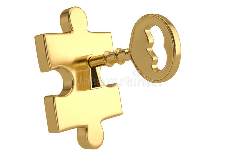 Stücke des goldenen Schlüssels und des Puzzlespiels auf weißem Hintergrund Abbildung 3D lizenzfreie abbildung Stücke des goldenen Schlüssels und des Puzzlespiels auf weißem Hintergrund Abbildung 3D lizenzfreie abbildung