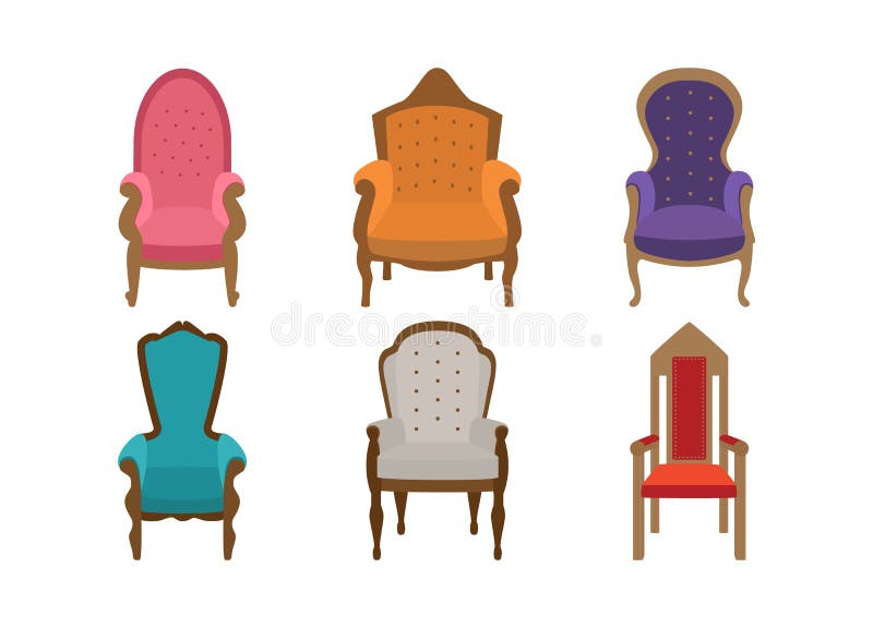Stühle mit mehrfarbigen Thronen Eine Kollektion von 6 bequemen Sesseln in einem alten, antiken Stil Designelemente, Zugriff stock abbildung Stühle mit mehrfarbigen Thronen Eine Kollektion von 6 bequemen Sesseln in einem alten, antiken Stil Designelemente, Zugriff stock abbildung