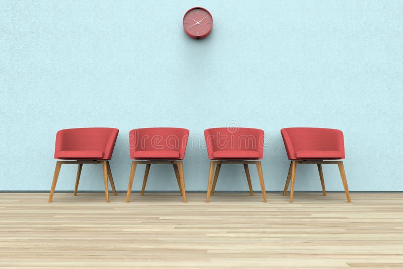 Stühle und Uhr in einem Warteraum stock abbildung Stühle und Uhr in einem Warteraum stock abbildung
