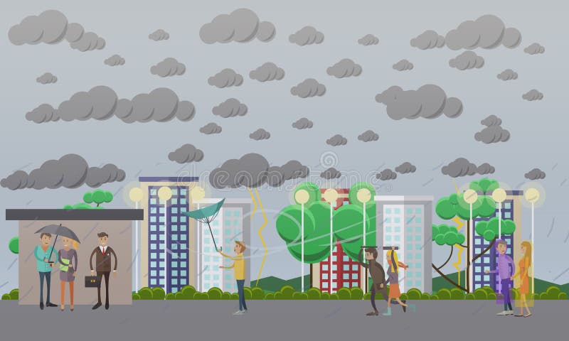 Stürmische, windige und regnerische Wetterkonzept-Vektorillustration, flache Art vektor abbildung Stürmische, windige und regnerische Wetterkonzept-Vektorillustration, flache Art vektor abbildung