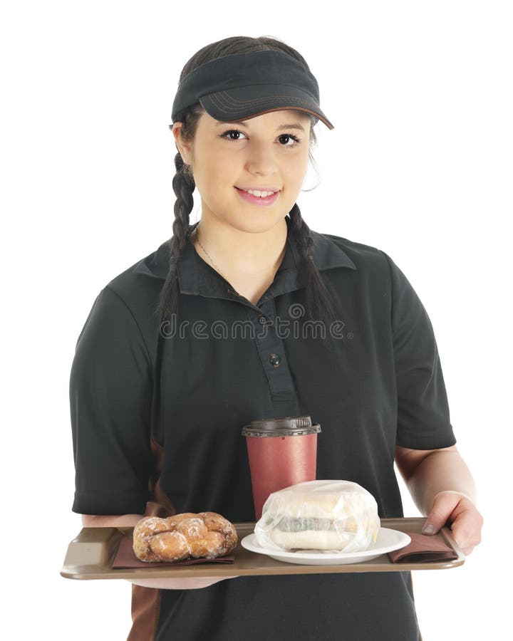 A pretty young waitress bringing the viewer a wrapped breakfast sandwich, twisty donut and cup of coffee. On a white background. A pretty young waitress bringing the viewer a wrapped breakfast sandwich, twisty donut and cup of coffee. On a white background.