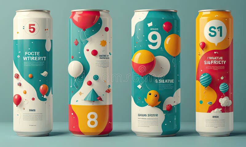 Su una tabella sono visualizzate quattro lattine di soda, ognuna con un colore e un design diversi sulla lattina. illustrazione vettoriale