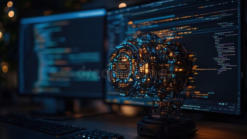 Su uno schermo di un computer viene mostrato un complesso modello di ai illuminato in un ambiente high-tech scuro.. illustrazione di stock