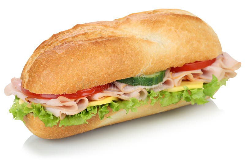 Sub deli sandwich baguette with ham isolated