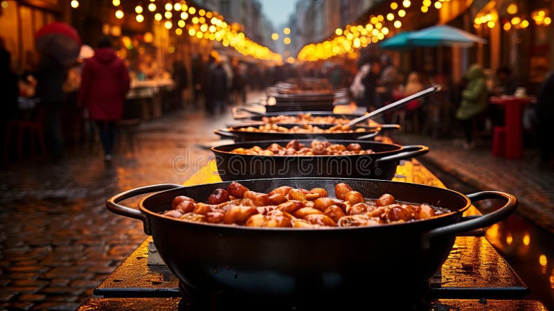 Sub luminile stralucitoare bucatarii locali prepara mancare delicioasa pe strada intr-o seara ploioasa royalty free stock images