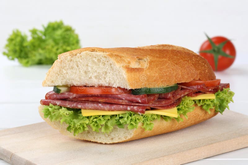Sub Sandwich Baguette with Salami Ham Stock Image Image of food