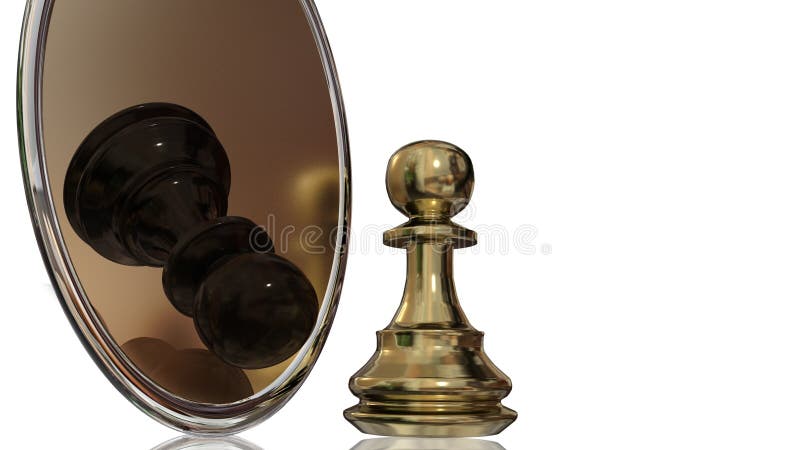 Peão do xadrez olhando no espelho e vendo o rei. conceito de  autoaperfeiçoamento, atingindo seus objetivos e motivação. render 3d.