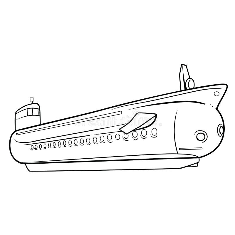 Submarine Sketch, Coloring Book, Isolated Object on White Background