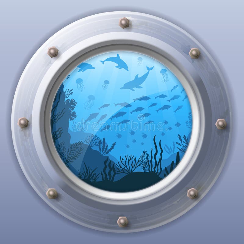 Submarine window view. Porthole round from underwater stock illustration