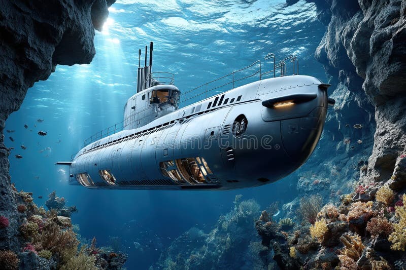 Submarino submarino explorando uma vibrante cena oceânica de recifes de corais com vida marinha ilustração stock