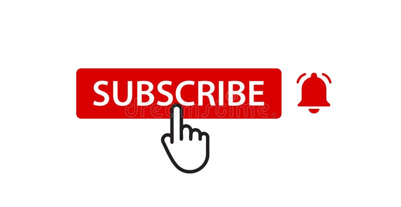 Subscribtion button with notification bell and click finger icon, isolated vector design element on white background for royalty free illustration